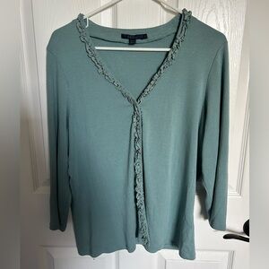 Boden Women’s Green Ruffle & Brown Dot Trim Button Up Super Soft Top 20